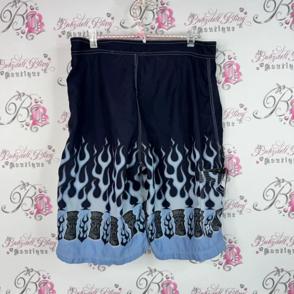 Rip zone shorts swim trunks tiki vintage Black and Blue Flame Board Shorts